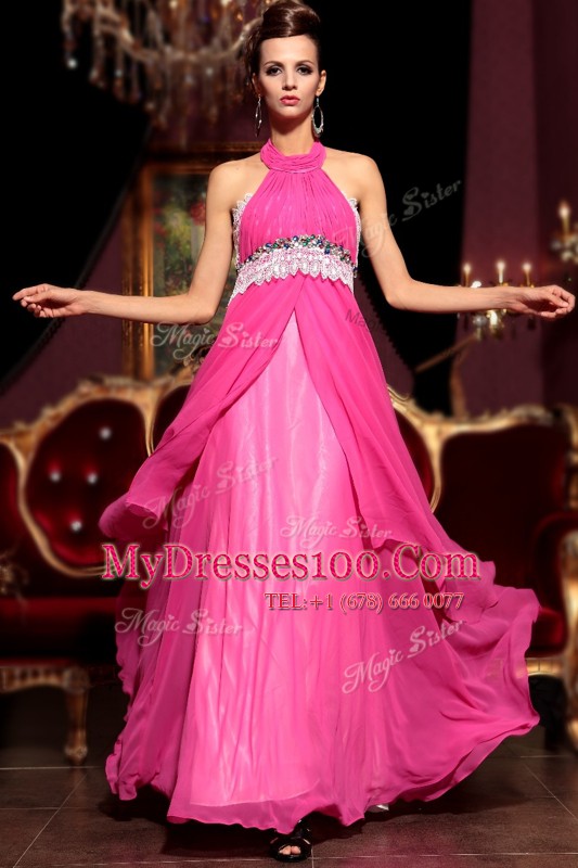 Custom Fit Halter Top Hot Pink Chiffon Zipper Evening Party Dresses Sleeveless Floor Length Beading and Lace