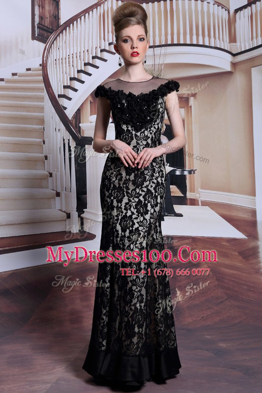 Black Column/Sheath Lace Scoop Cap Sleeves Beading and Lace and Hand Made Flower Floor Length Zipper Mother Of The Bride Dress