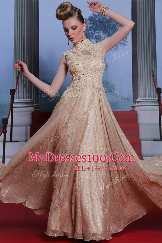 Customized Peach Column/Sheath Chiffon High-neck Sleeveless Beading and Sequins Floor Length Zipper Mother Of The Bride Dress