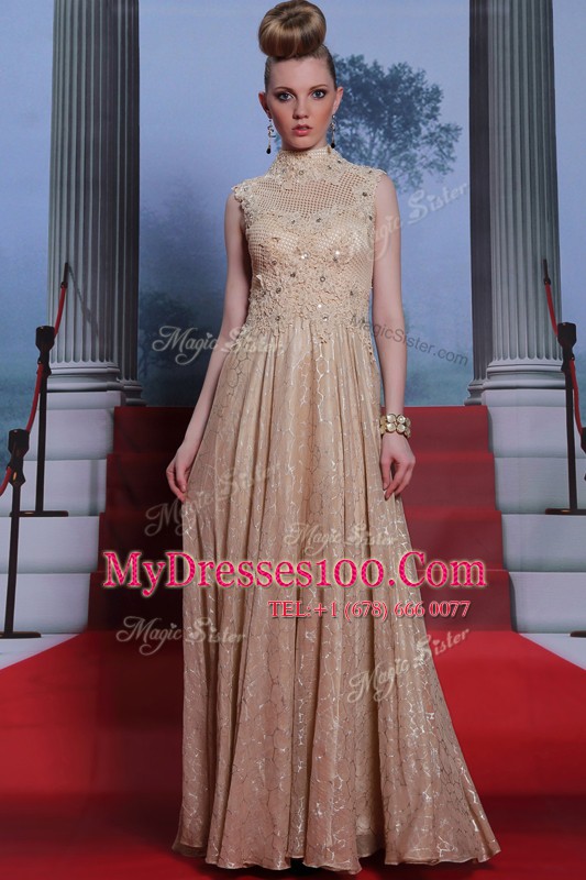 Customized Peach Column/Sheath Chiffon High-neck Sleeveless Beading and Sequins Floor Length Zipper Mother Of The Bride Dress