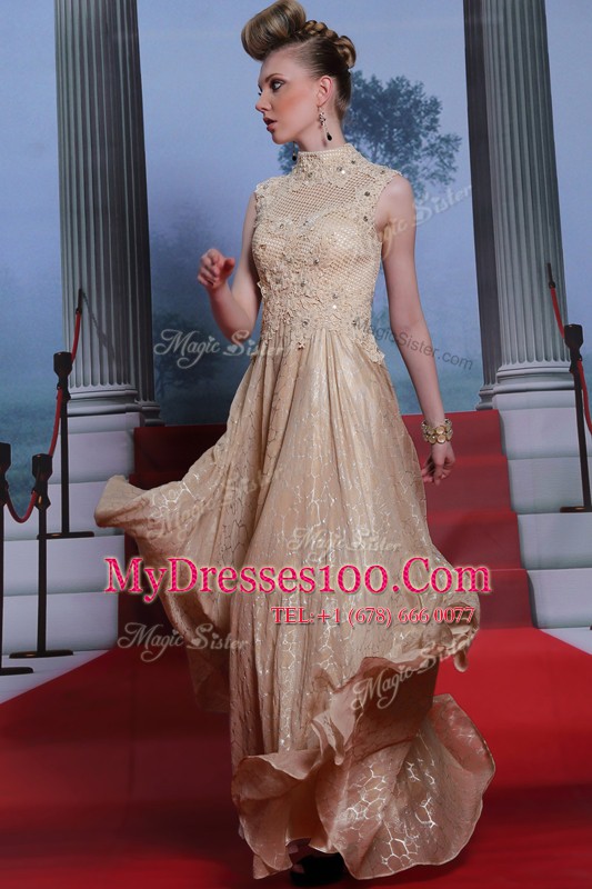 Customized Peach Column/Sheath Chiffon High-neck Sleeveless Beading and Sequins Floor Length Zipper Mother Of The Bride Dress