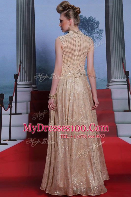 Customized Peach Column/Sheath Chiffon High-neck Sleeveless Beading and Sequins Floor Length Zipper Mother Of The Bride Dress