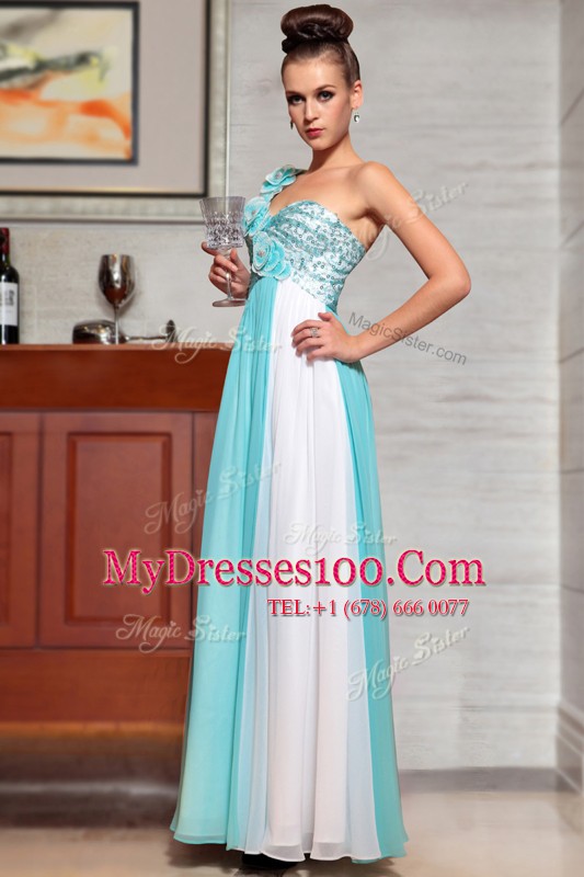 Shining Straps Sleeveless Chiffon Prom Gown Beading and Sequins and Hand Made Flower Side Zipper