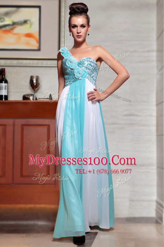 Shining Straps Sleeveless Chiffon Prom Gown Beading and Sequins and Hand Made Flower Side Zipper