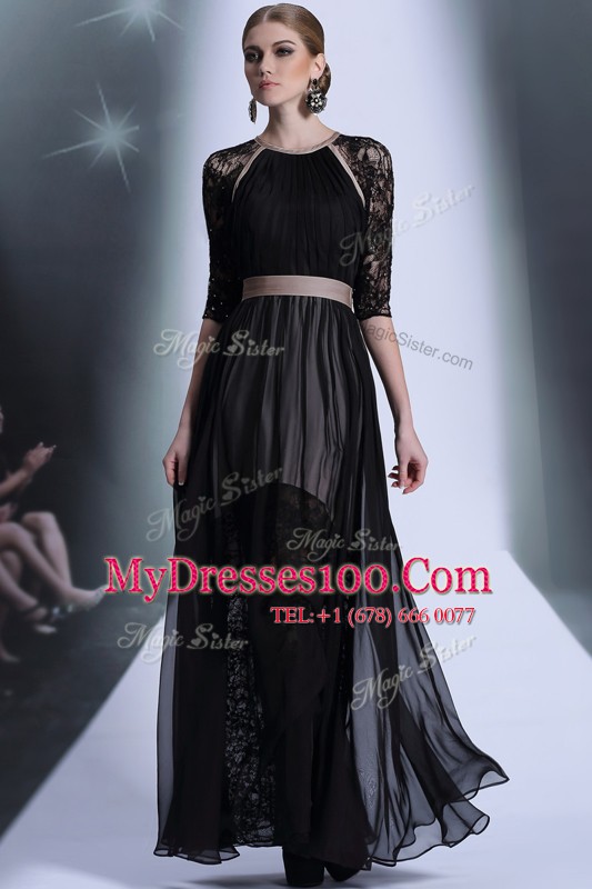 Scoop Lace Prom Evening Gown Black Zipper Half Sleeves Floor Length