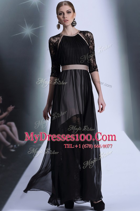Scoop Lace Prom Evening Gown Black Zipper Half Sleeves Floor Length
