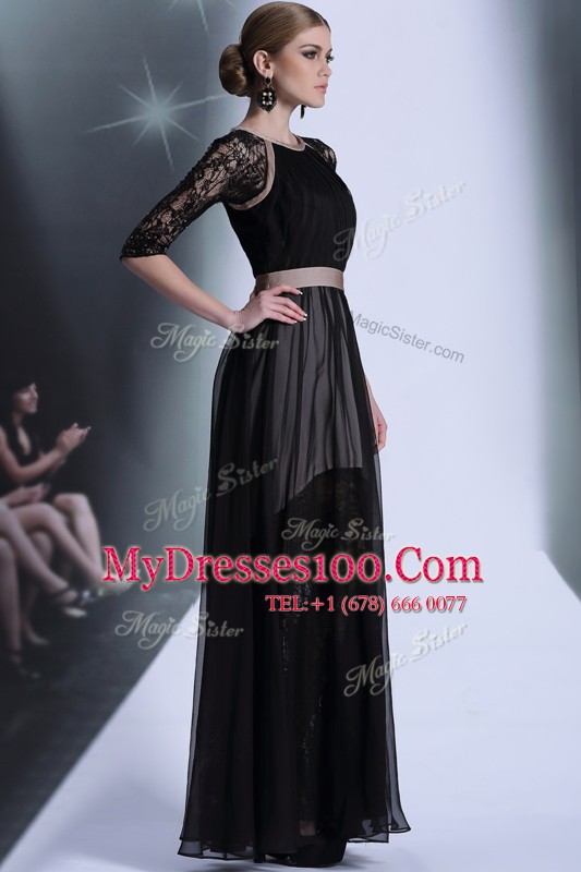 Scoop Lace Prom Evening Gown Black Zipper Half Sleeves Floor Length