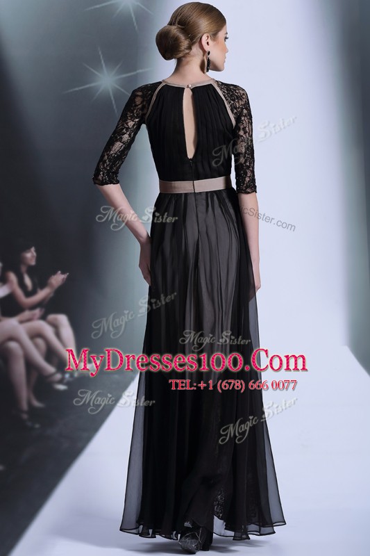 Scoop Lace Prom Evening Gown Black Zipper Half Sleeves Floor Length