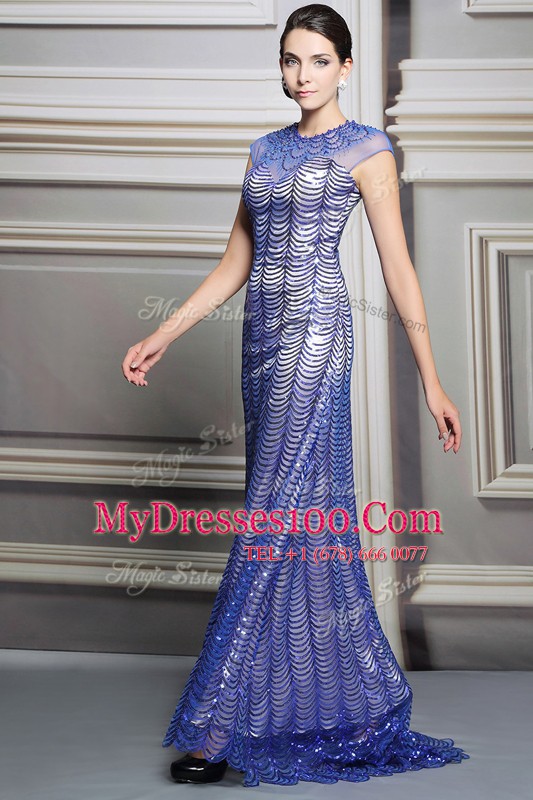 Scoop Blue Satin Backless Mother Of The Bride Dress Sleeveless Floor Length Beading and Sequins