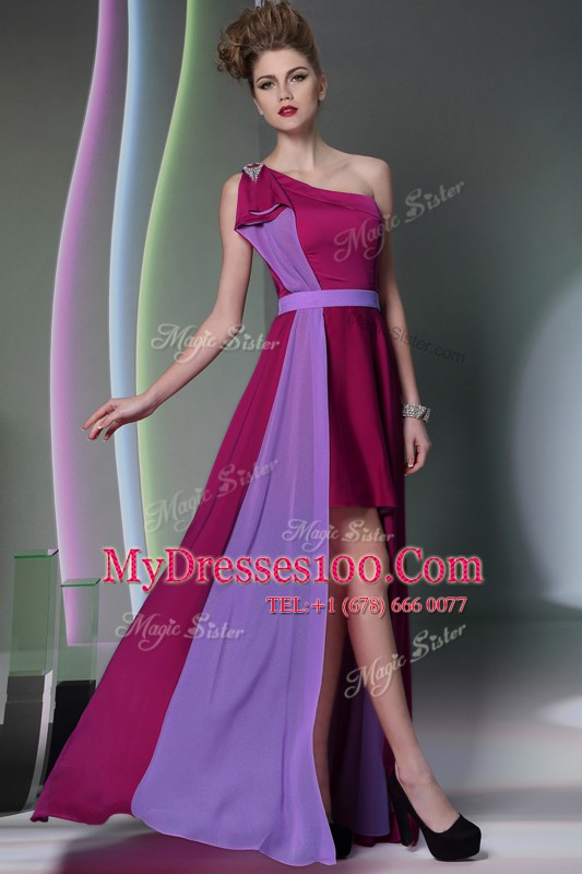 One Shoulder Sleeveless Side Zipper Prom Dresses Burgundy Chiffon