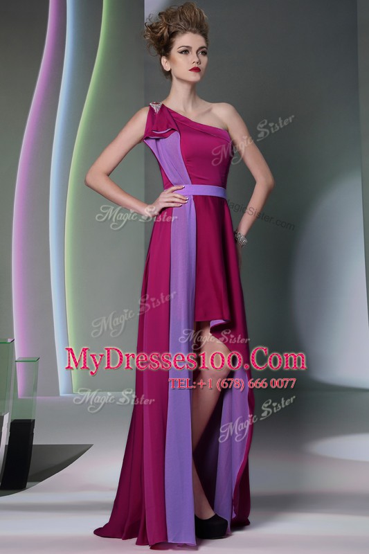 One Shoulder Sleeveless Side Zipper Prom Dresses Burgundy Chiffon