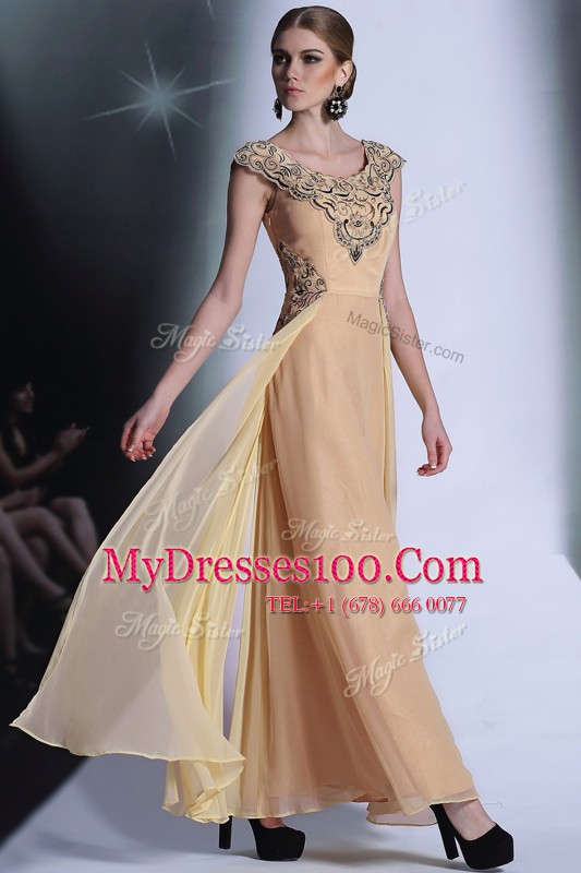 Empire Mother Of The Bride Dress Peach Scoop Chiffon Cap Sleeves Floor Length Side Zipper