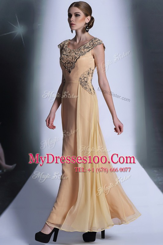 Empire Mother Of The Bride Dress Peach Scoop Chiffon Cap Sleeves Floor Length Side Zipper