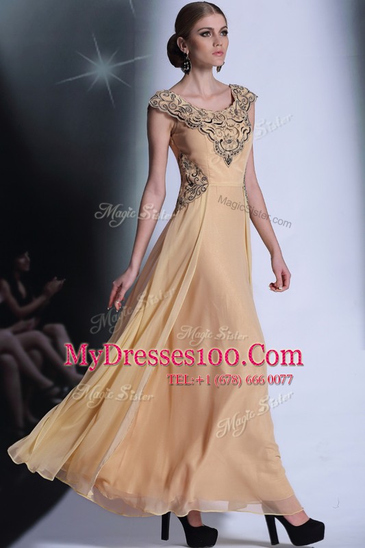 Empire Mother Of The Bride Dress Peach Scoop Chiffon Cap Sleeves Floor Length Side Zipper