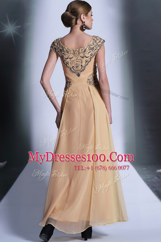 Empire Mother Of The Bride Dress Peach Scoop Chiffon Cap Sleeves Floor Length Side Zipper