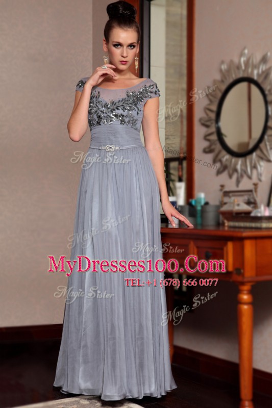 Sexy Scoop Cap Sleeves Chiffon Prom Evening Gown Beading and Sequins and Ruching and Belt Side Zipper
