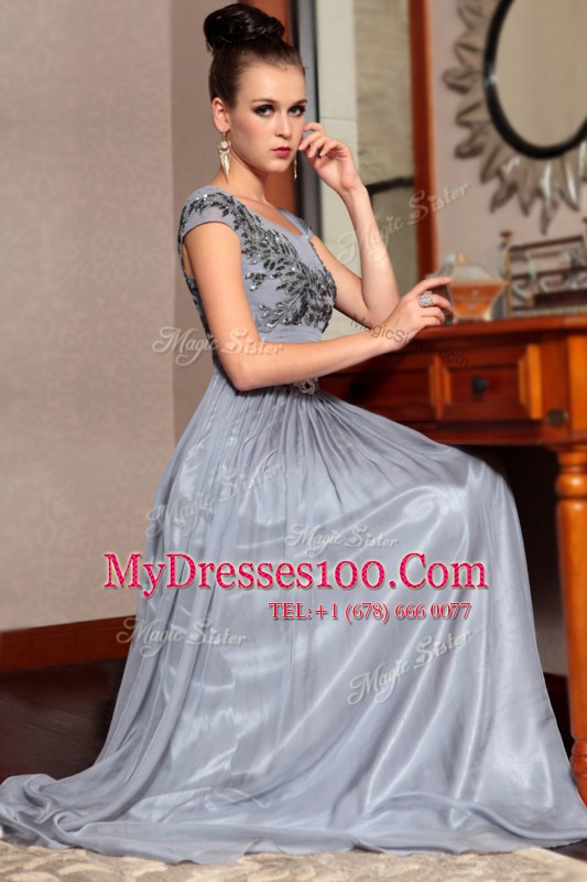 Sexy Scoop Cap Sleeves Chiffon Prom Evening Gown Beading and Sequins and Ruching and Belt Side Zipper