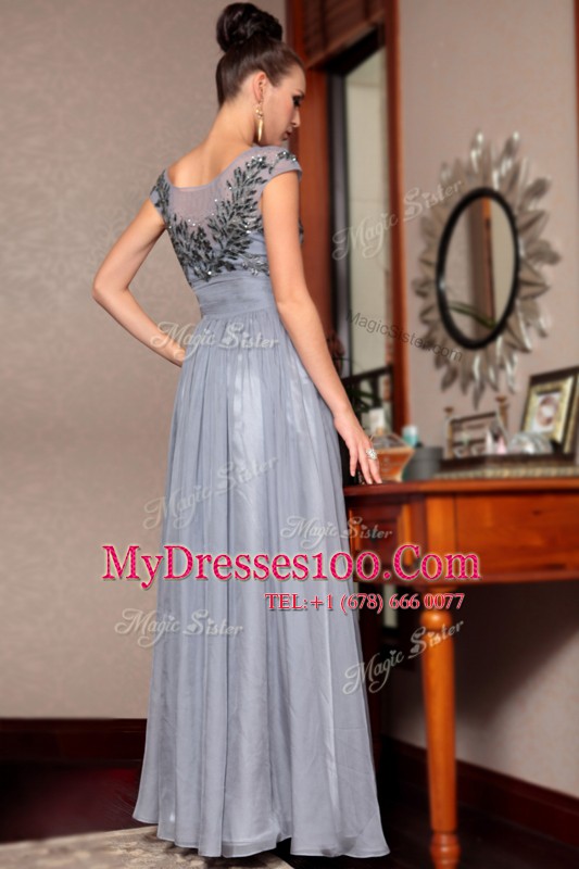 Sexy Scoop Cap Sleeves Chiffon Prom Evening Gown Beading and Sequins and Ruching and Belt Side Zipper