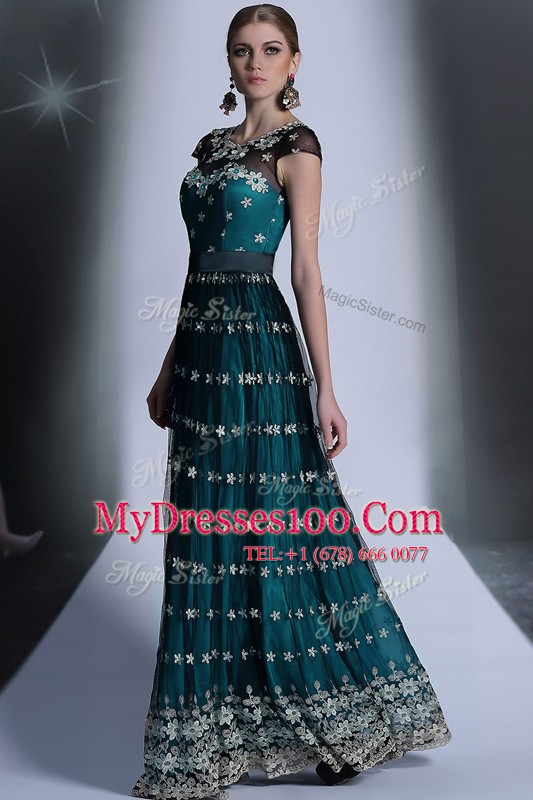 Teal Scoop Neckline Appliques and Pleated Mother Of The Bride Dress Cap Sleeves Side Zipper