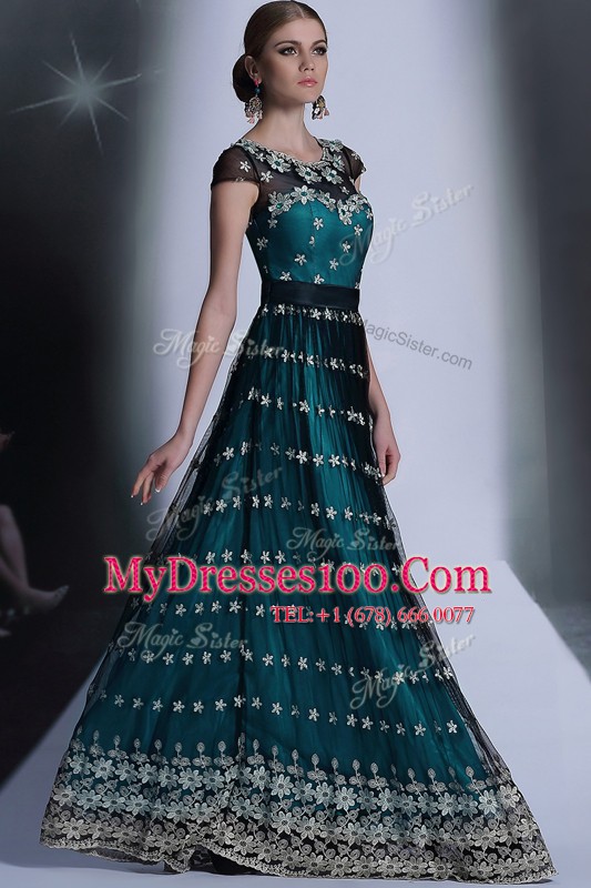 Teal Scoop Neckline Appliques and Pleated Mother Of The Bride Dress Cap Sleeves Side Zipper