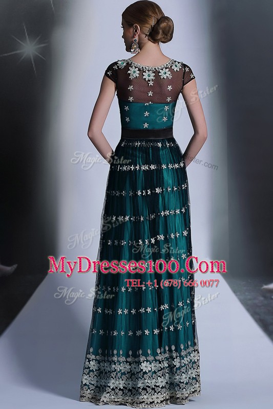 Teal Scoop Neckline Appliques and Pleated Mother Of The Bride Dress Cap Sleeves Side Zipper