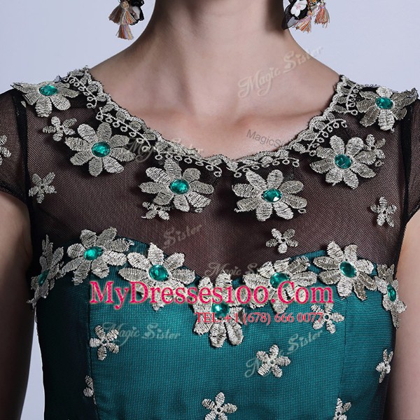 Teal Scoop Neckline Appliques and Pleated Mother Of The Bride Dress Cap Sleeves Side Zipper