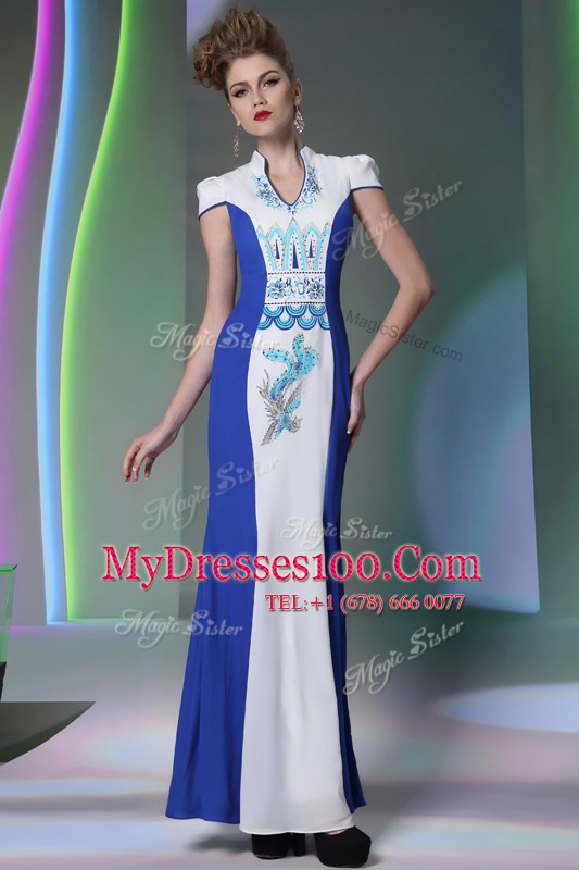 Blue And White Chiffon Zipper Mother Of The Bride Dress Cap Sleeves Floor Length Embroidery