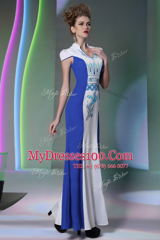 Blue And White Chiffon Zipper Mother Of The Bride Dress Cap Sleeves Floor Length Embroidery