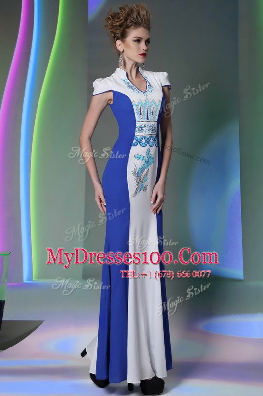 Blue And White Chiffon Zipper Mother Of The Bride Dress Cap Sleeves Floor Length Embroidery