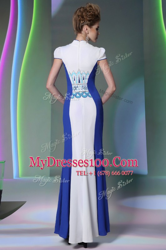 Blue And White Chiffon Zipper Mother Of The Bride Dress Cap Sleeves Floor Length Embroidery