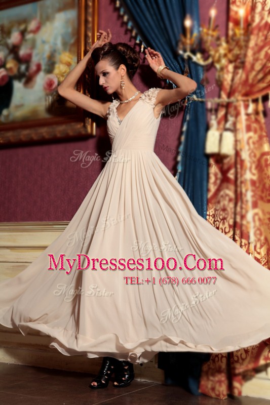 Cap Sleeves Side Zipper Floor Length Beading and Hand Made Flower Evening Dress