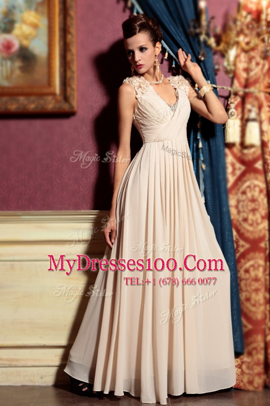 Cap Sleeves Side Zipper Floor Length Beading and Hand Made Flower Evening Dress