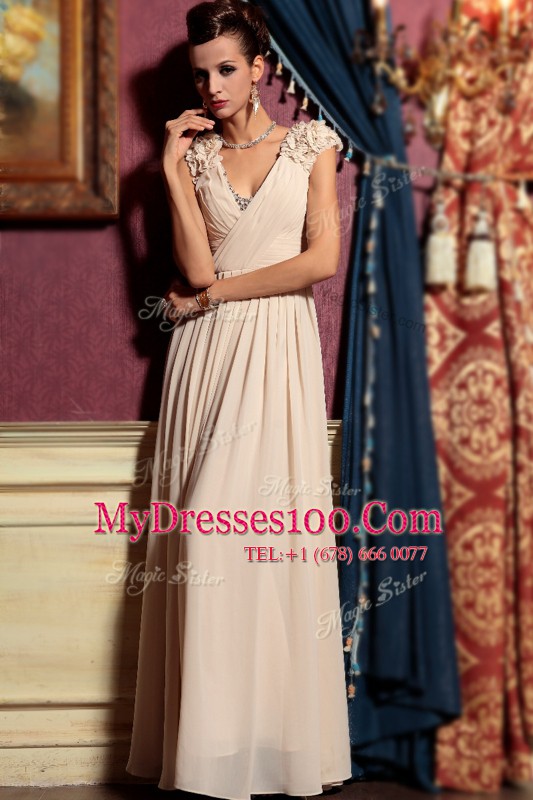 Cap Sleeves Side Zipper Floor Length Beading and Hand Made Flower Evening Dress