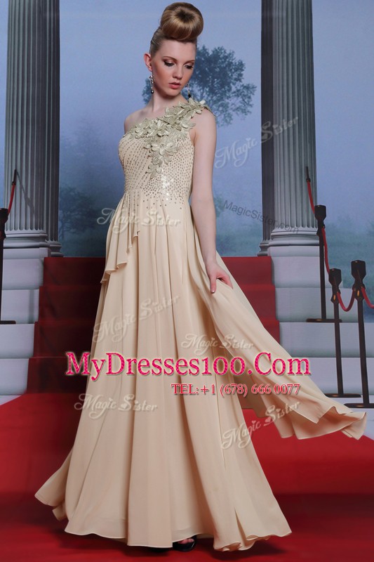 Traditional One Shoulder Appliques and Ruching Champagne Side Zipper Sleeveless Floor Length