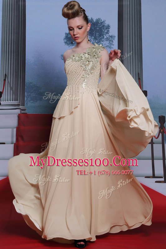Traditional One Shoulder Appliques and Ruching Champagne Side Zipper Sleeveless Floor Length
