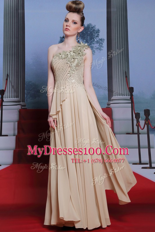 Traditional One Shoulder Appliques and Ruching Champagne Side Zipper Sleeveless Floor Length