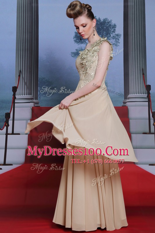 Traditional One Shoulder Appliques and Ruching Champagne Side Zipper Sleeveless Floor Length