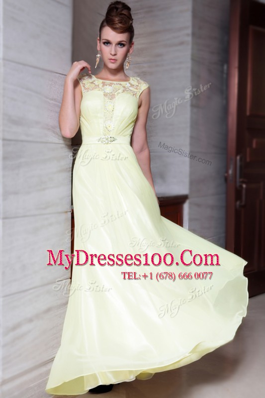 Sumptuous Scoop Cap Sleeves Floor Length Beading and Hand Made Flower Zipper Prom Dresses with Light Yellow