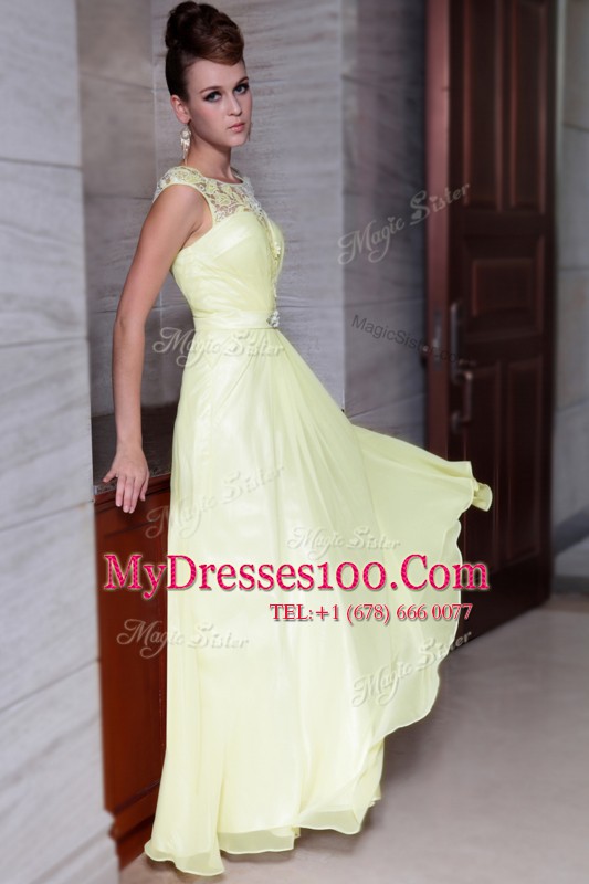 Sumptuous Scoop Cap Sleeves Floor Length Beading and Hand Made Flower Zipper Prom Dresses with Light Yellow