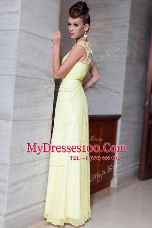 Sumptuous Scoop Cap Sleeves Floor Length Beading and Hand Made Flower Zipper Prom Dresses with Light Yellow