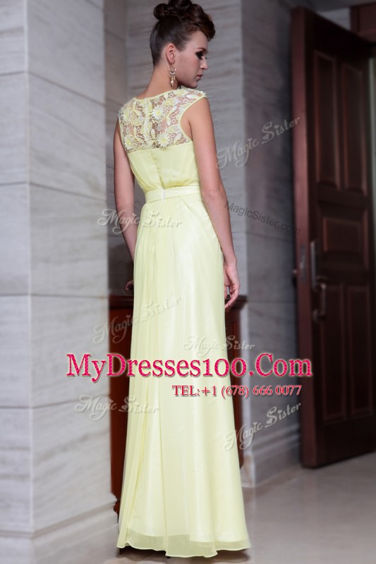 Sumptuous Scoop Cap Sleeves Floor Length Beading and Hand Made Flower Zipper Prom Dresses with Light Yellow