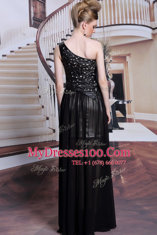 Simple One Shoulder Sleeveless Floor Length Appliques Side Zipper Prom Party Dress with Black