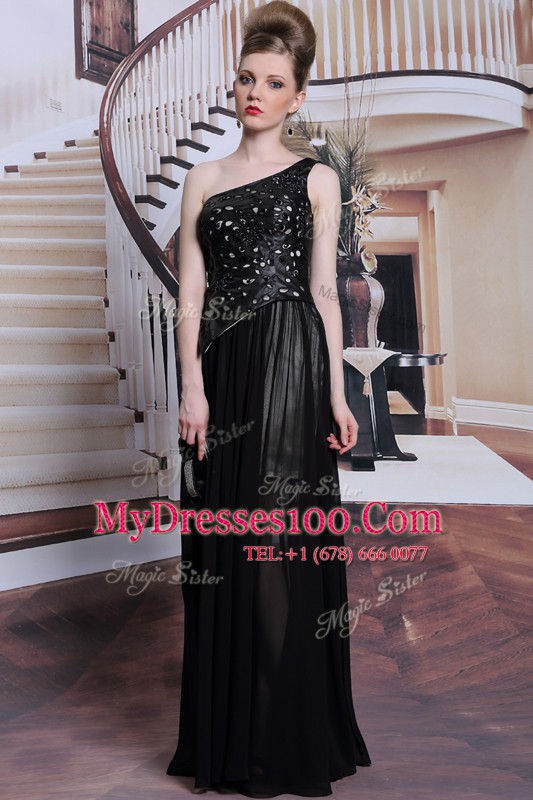 Simple One Shoulder Sleeveless Floor Length Appliques Side Zipper Prom Party Dress with Black