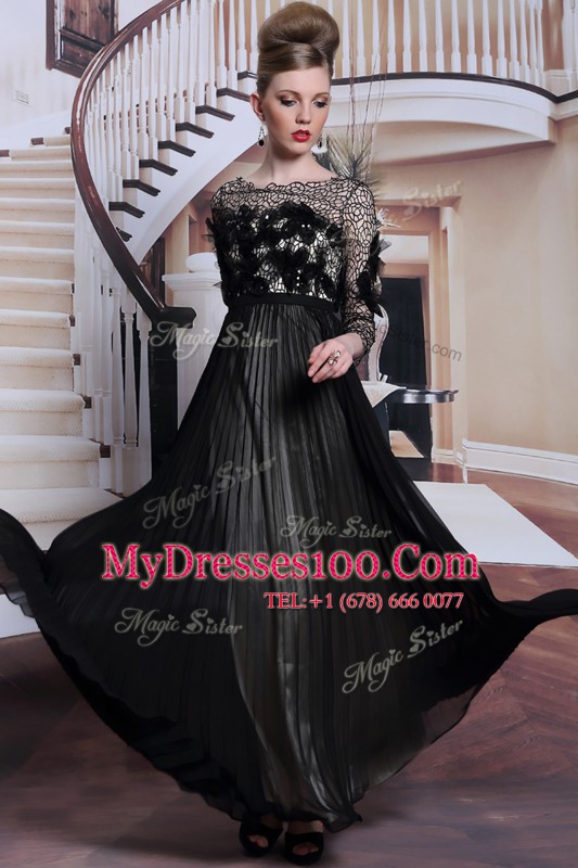 Glorious Chiffon Asymmetric 3 4 Length Sleeve Clasp Handle Appliques and Sequins Prom Dress in Black