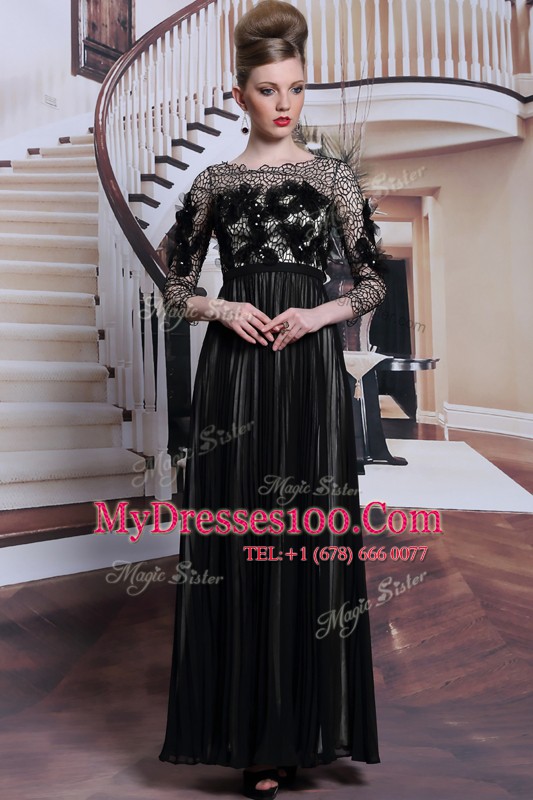 Glorious Chiffon Asymmetric 3 4 Length Sleeve Clasp Handle Appliques and Sequins Prom Dress in Black