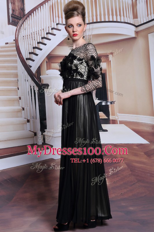 Glorious Chiffon Asymmetric 3 4 Length Sleeve Clasp Handle Appliques and Sequins Prom Dress in Black