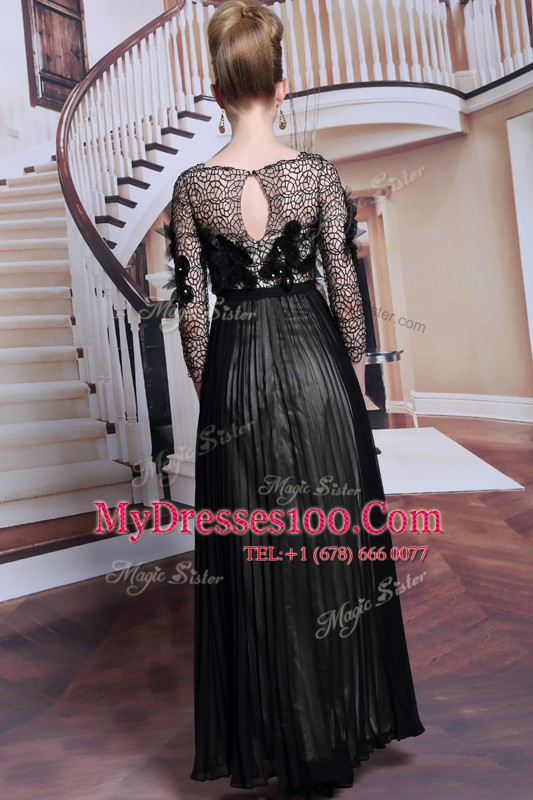 Glorious Chiffon Asymmetric 3 4 Length Sleeve Clasp Handle Appliques and Sequins Prom Dress in Black