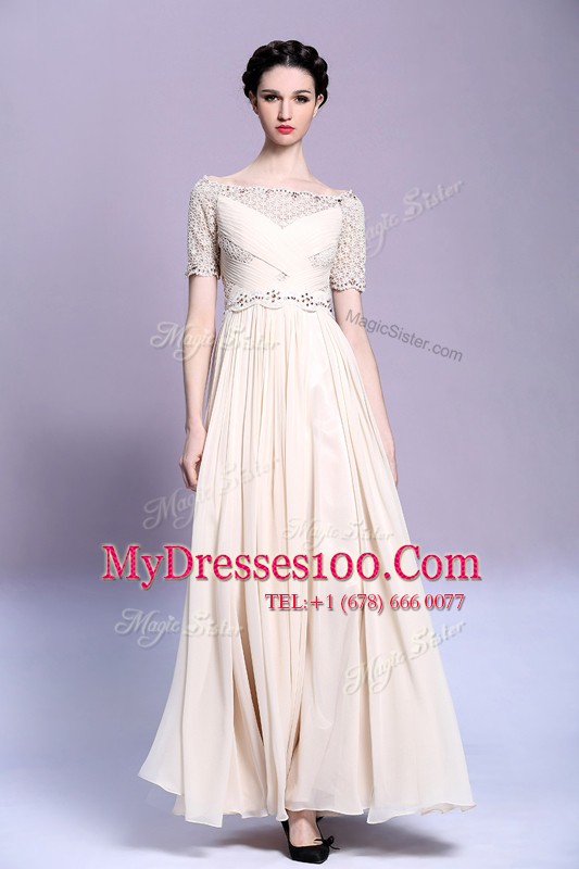Chiffon Bateau Sleeveless Zipper Beading and Appliques and Ruching Mother Of The Bride Dress in Champagne