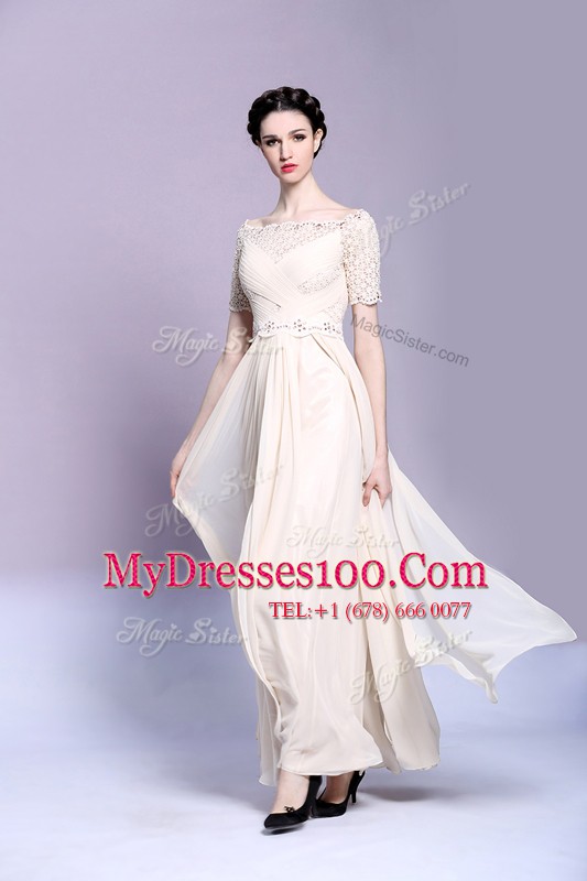 Chiffon Bateau Sleeveless Zipper Beading and Appliques and Ruching Mother Of The Bride Dress in Champagne