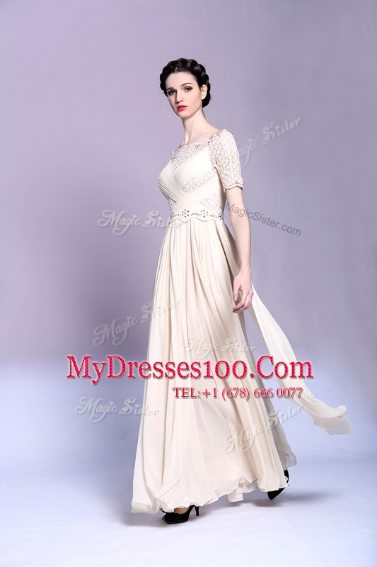 Chiffon Bateau Sleeveless Zipper Beading and Appliques and Ruching Mother Of The Bride Dress in Champagne